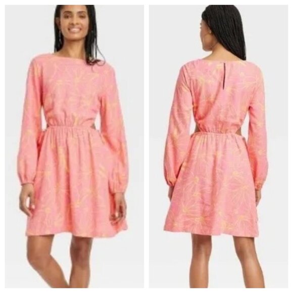 NEW Universal Thread Balloon Long Sleeve Mini A-Line Dress Pink Floral M - Picture 1 of 10